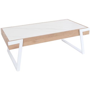 Mendler Couchtisch HWC-L89, Sofatisch Wohnzimmertisch, Sinterstein Eisen MDF 43x120x64cm weiß Marmor Holz na 102703