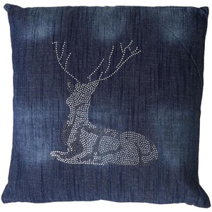 Mendler Deko-Kissen Hirsch, Sofakissen Zierkissen mit Füllung, blau Glitzersteine 45x45cm ~ Variantenangebot 51882