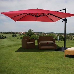 Mendler Gastronomie-Ampelschirm HWC-A96, Sonnenschirm 3x3m (Ø4,24m) Polyester Alu/Stahl 23kg rot mit Ständer, drehbar 153436e