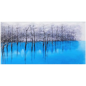 Mendler Ölgemälde Blauer See, 100% handgemaltes Wandbild Gemälde XL, 140x70cm ~ Variantenangebot 44736