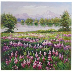 Mendler Ölgemälde Blumenwiese, 100% handgemaltes Wandbild Gemälde XL, 80x80cm ~ Variantenangebot 44753