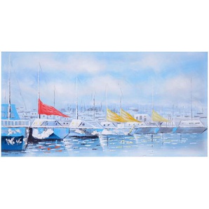 Mendler Ölgemälde Boote, 100% handgemaltes Wandbild Gemälde XL, 140x70cm ~ Variantenangebot 59449