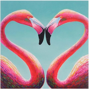 Mendler Ölgemälde Flamingo, 100% handgemaltes Wandbild Gemälde XL, 90x90cm ~ Variantenangebot 44726