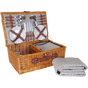 Mendler Picknickkorb-Set HWC-B25 für 4 Personen, Weiden-Korb + Kühlfach + Picknickdecke, Porzellan Edelstahl 60141