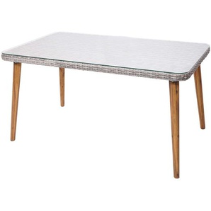 Mendler Poly-Rattan Esstisch HWC-H65, Garten-/Lounge-Tisch, Stahl + Akazie halbrundes Poly-Rattan MVG 150x90 73753