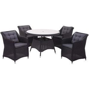 Mendler Poly-Rattan Garnitur HWC-F51, Garten-/Lounge-Set Sitzgruppe Tisch+4xStuhl, rundes Rattan anthrazit K 69756+2x69757+70984