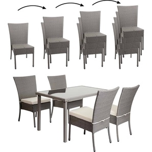 Mendler Poly-Rattan Garnitur HWC-G19, Sitzgruppe Balkon-/Lounge-Set, 4xStuhl+Tisch, 120x75cm - grau, Kissen creme 97139a