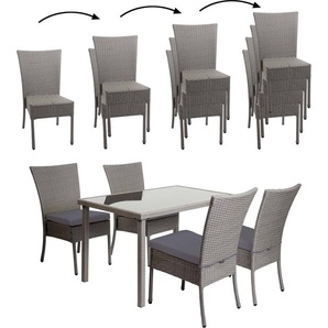 Mendler Poly-Rattan Garnitur HWC-G19, Sitzgruppe Balkon-/Lounge-Set, 4xStuhl+Tisch, 120x75cm - grau, Kissen dunkelgrau 97138a