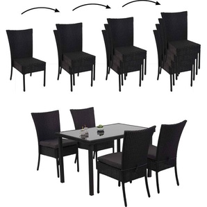 Mendler Poly-Rattan Garnitur HWC-G19, Sitzgruppe Balkon-/Lounge-Set, 4xStuhl+Tisch, 120x75cm - schwarz, Kissen dunkelgrau 70950a