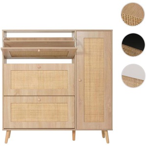 Mendler Rattan-Schuhkipper HWC-M37, Schuhregal Schuhschrank, 3 Kippfächer 2 Regalböden 127x120x24cm Holz Mel 104207+107214