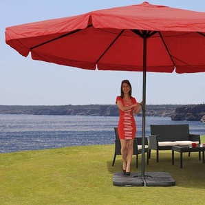 Mendler Sonnenschirm Meran Pro, Gastronomie Marktschirm mit Volant Ø 5m Polyester/Alu 28kg bordeaux mit Ständer 34346a