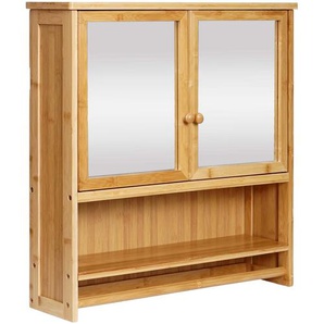 Mendler Spiegelschrank HWC-B18, Badspiegelschrank Hängeschrank, 3 Regalböden 2 Türen Spiegel Bambus 62x66x15 84838