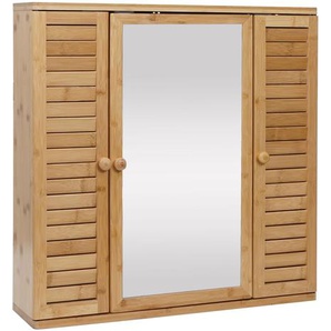 Mendler Spiegelschrank HWC-B18, Badspiegelschrank Hängeschrank, 3 Regalböden 3 Türen Bambus Spiegel 60x60x15 86302