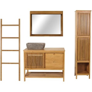 Mendler Teak-Badezimmer-Set HWC-M70, Waschtisch Hochschrank Wandspiegel Handtuchhalter Waschbecken, hochwert 104493+104494+104511+104508+104509