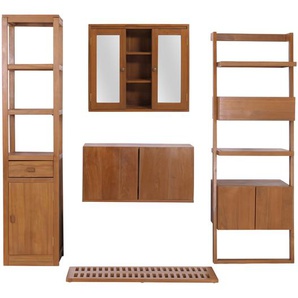 Mendler Teak-Badezimmer-Set HWC-M86, Waschtisch Regal Leiterregal Wandspiegel Badematte, hochwertiges B-Grad 112974