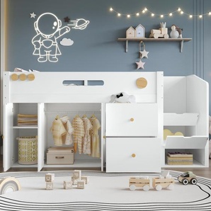 Merax Halbhohes Kinderbett 90x200cm mit Aufbewahrungstreppe, Holzbett mit Kleiderschrank und 2 Schubladen, Jungenbett aus Kiefer und MDF, Weiß+Natur