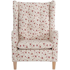 Merlon Ohrenbackensessel Flachgewebe Beige geblümt Buche Natur