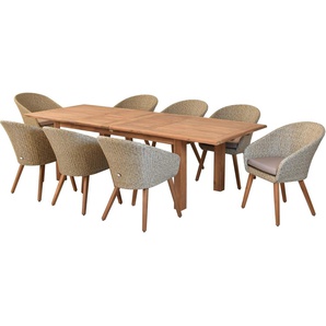 MERXX Garten-Essgruppe »Arrone«, (Set, 9-tlg., Tisch doppelt ausziehbar: 100x 180/220/260x 75 cm), Sesselbeine aus Akazienholz, Beine 9x9 cm, Tischplatte 3 cm
