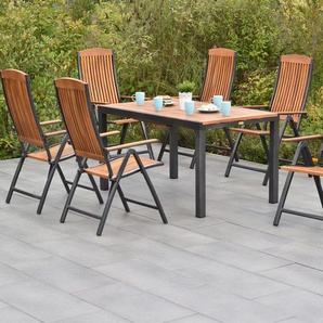 MERXX Garten-Essgruppe »Athos«, (Set, 7-tlg., 5-fach verstellbare Rückenlehne, Aluminium mit Akazienholz), Ausziehtisch: LxB: 150-200 x 90 cm
