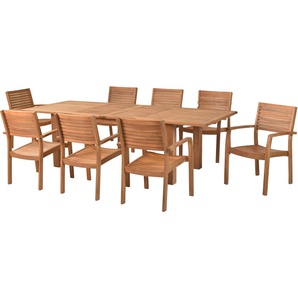 MERXX Garten-Essgruppe »Batavia«, (Set, 9-tlg., Tisch doppelt ausziehbar: 100x 180/220/260x 75 cm), Sessel stapelbar, Doppelausziehtisch Beine 9x9 cm stark