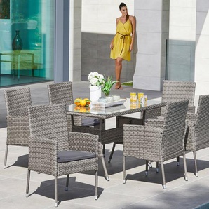 MERXX Garten-Essgruppe Costa Rica, (13-tlg., 6x Sessel, 1x Tisch 140x80 cm, inkl. Sitzkissen), Polyrattan, Stahl, Tischplatte aus Sicherheitsglas, für 6 Personen