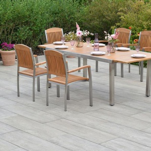 MERXX Garten-Essgruppe »Keros«, (Set, 7-tlg., Geöltes Akazienholz, Edelstahlgestell), Ausziehtisch: LxB: 180-240 x 100 cm