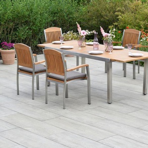 MERXX Garten-Essgruppe »Keros«, (Set, 7-tlg., Geöltes Akazienholz, Edelstahlgestell Inkl. Auflagen), Ausziehtisch: LxB: 180-240 x 100 cm