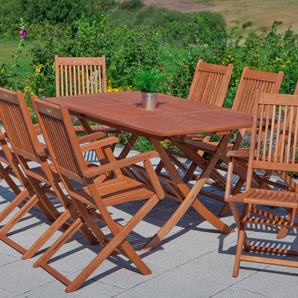 MERXX Garten-Essgruppe »Rio«, (Set, 7-tlg., Geöltes Eukalyptusholz), Ausziehtisch:, klappbar LxB: 110-160 x 90 cm