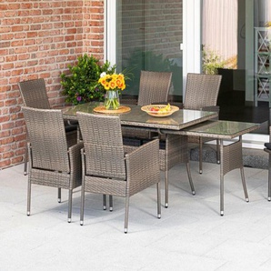MERXX Garten-Essgruppe Sevilla, (7-tlg), 6 Sessel mit SItzkissen, ausziehbarer Tisch, steinbeige