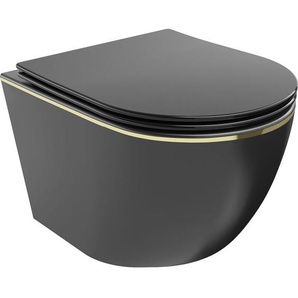 Mexen - Lena WC-Schüssel Randlos mit slim Sitz und Absenk-Automatik, duroplast, Schwarz matt/gold lini