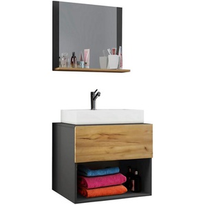 Mid.you Badezimmer , Anthrazit, Honigeiche , Keramik , 3-teilig , 1,1 Schubladen , 60 cm , hängend , Badezimmer, Badmöbelsets & -serien, Badmöbel-Sets