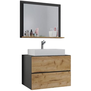 Mid.you Badezimmer , Anthrazit, Honigeiche , Keramik , 3-teilig , 2,2 Schubladen , 60 cm , hängend , Badezimmer, Badmöbelsets & -serien, Badmöbel-Sets