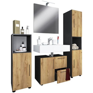 Mid.you Badezimmer Flandu, Anthrazit, Honigeiche, Kunststoff, 4-teilig, 7 Fächer, 2,2 Schubladen, 123 cm, stehend, erweiterbar, Badezimmer,