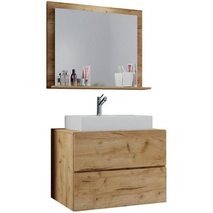 Mid.you Badezimmer , Honigeiche , Keramik , 3-teilig , 2,2 Schubladen , 60 cm , hängend , Badezimmer, Badmöbelsets & -serien, Badmöbel-Sets