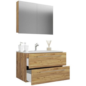 Mid.you Badezimmer VCM Badinos, Honigeiche, Metall, 3-teilig, 2,2 Schubladen, 80 cm, hängend, Badezimmer, Badmöbelsets & Badmöbelserien, Badmöbel-Sets
