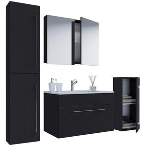 Mid.you Badezimmer , Schwarz , Metall , 5-teilig , 1,1 Schubladen , 126 cm , hängend , Badezimmer, Badmöbelsets & -serien, Badmöbel-Sets
