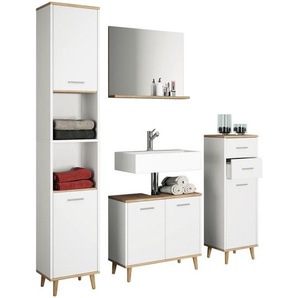 Mid.you Badezimmer VCM Landos, Weiß, Honigeiche, Holzwerkstoff, 124 cm, stehend, Spiegel mit Ablage, Badezimmer, Badmöbelsets & Badmöbelserien, Badmöbel-Sets