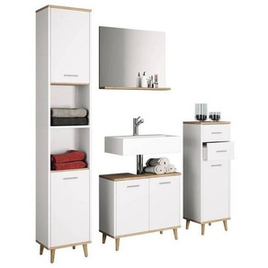 Mid.you Badezimmer VCM Landos, Weiß, Honigeiche, Holzwerkstoff, 124 cm, stehend, Spiegel mit Ablage, Badezimmer, Badmöbelsets & Badmöbelserien,