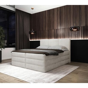 Mid.you Boxspringbett, Weiß, Holz, Textil, Holzwerkstoff, H2 + H3, Höhe ca. 19 cm, 160x200 cm, Bettkasten, gepolstertes Kopfteil, Topper durchgehend, Wendematratze mit unterschiedlichen Härtegraden, Matratze geteilt, Schlafzimmer, Betten, Doppelbetten