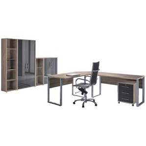 Mid.you Büro Office Edition - Büro Set 4, Sonoma Eiche, Anthrazit Hochglanz, Holzwerkstoff, 6,6 Fächer, 3 Schubladen, Made in Germany, erweiterbar, in