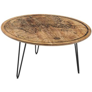 Mid.you Couchtisch, Braun, Schwarz, Holz, Metall, Mangoholz, massiv, Weltkarte, rund, Rundrohr, 90x46x90 cm, Wohnzimmer, Wohnzimmertische, Couchtische