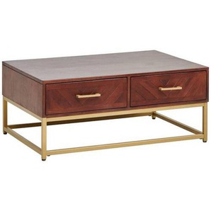 Mid.you Couchtisch, Gold, Walnuss, Metall, Mangoholz, vollmassiv, Struktur, 2 Schubladen, rechteckig, eckig, 90x38x60 cm, einfacher Aufbau,