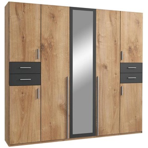 Mid.you Drehtürenschrank , Graphit, Eiche , Holzwerkstoff , 6 Fächer , 4 Schubladen , 225x208x58 cm , BQ - Bündnis für Qualität, Made in Germany, DIN EN ISO 9001 , in verschiedenen Größen erhältlich, Holzdekoren erhältlich , Schlafzimmer, Kleiderschränke,