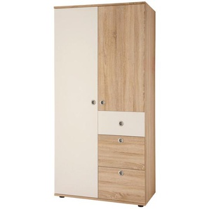 Mid.you Drehtürenschrank, Weiß, Sonoma Eiche, Kunststoff, 3 Fächer, 3 Schubladen, 90x191x53 cm, Kinder- & Jugendzimmer, Jugendmöbel,