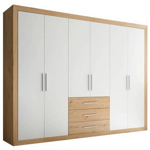 Mid.you Drehtürenschrank, Weiß, Eiche, 4 Fächer, 3 Schubladen, 289x225x59 cm, Blauer Engel, BQ - Bündnis für Qualität, Made in Germany, Schlafzimmer,