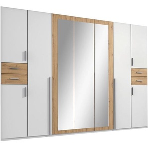 Mid.you Drehtürenschrank Wimex Vegas, Weiß, Eiche Artisan, Holzwerkstoff, 7 Fächer, 4 Schubladen, 313x208x58 cm, BQ - Bündnis für Qualität, Made in Germany, DIN EN ISO 9001, in verschiedenen Größen erhältlich, Holzdekoren Schrankfront mit Spiegel,