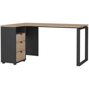 Mid.you Eckschreibtisch, Grau, Eiche, Metall, Holzoptik, 3 Schubladen, formgebogen, Kufe, 99.6x75.6x150 cm, Arbeitszimmer, Schreibtische,