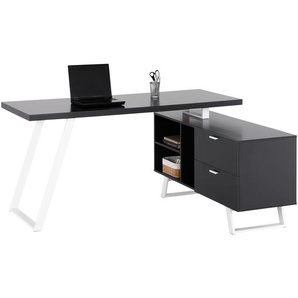 Mid.you Eckschreibtisch, Grau, Weiß, Metall, 2 Schubladen, rechteckig, Flachrohr, 60x75x150 cm, Stauraum, Arbeitszimmer, Schreibtische,