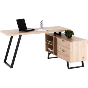 Mid.you Eckschreibtisch, Schwarz, Eiche, Metall, 2 Schubladen, rechteckig, Flachrohr, 60x75x150 cm, Stauraum, Arbeitszimmer, Schreibtische,