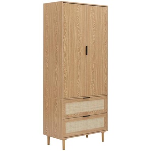 Mid.you Garderobenschrank, Natur, Metall, Kiefer, Rattan, massiv, 2 Schubladen, 80x190x40 cm, Fsc, Garderobe, Garderobenschränke
